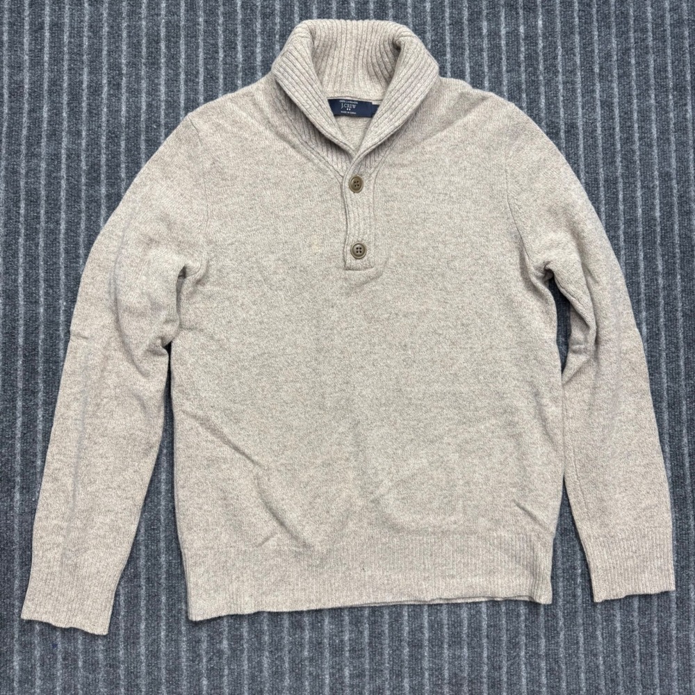 J. Crew Mens Shawl Neck Sweater Size S Tan Oatmeal 100% Lambswool (2647)